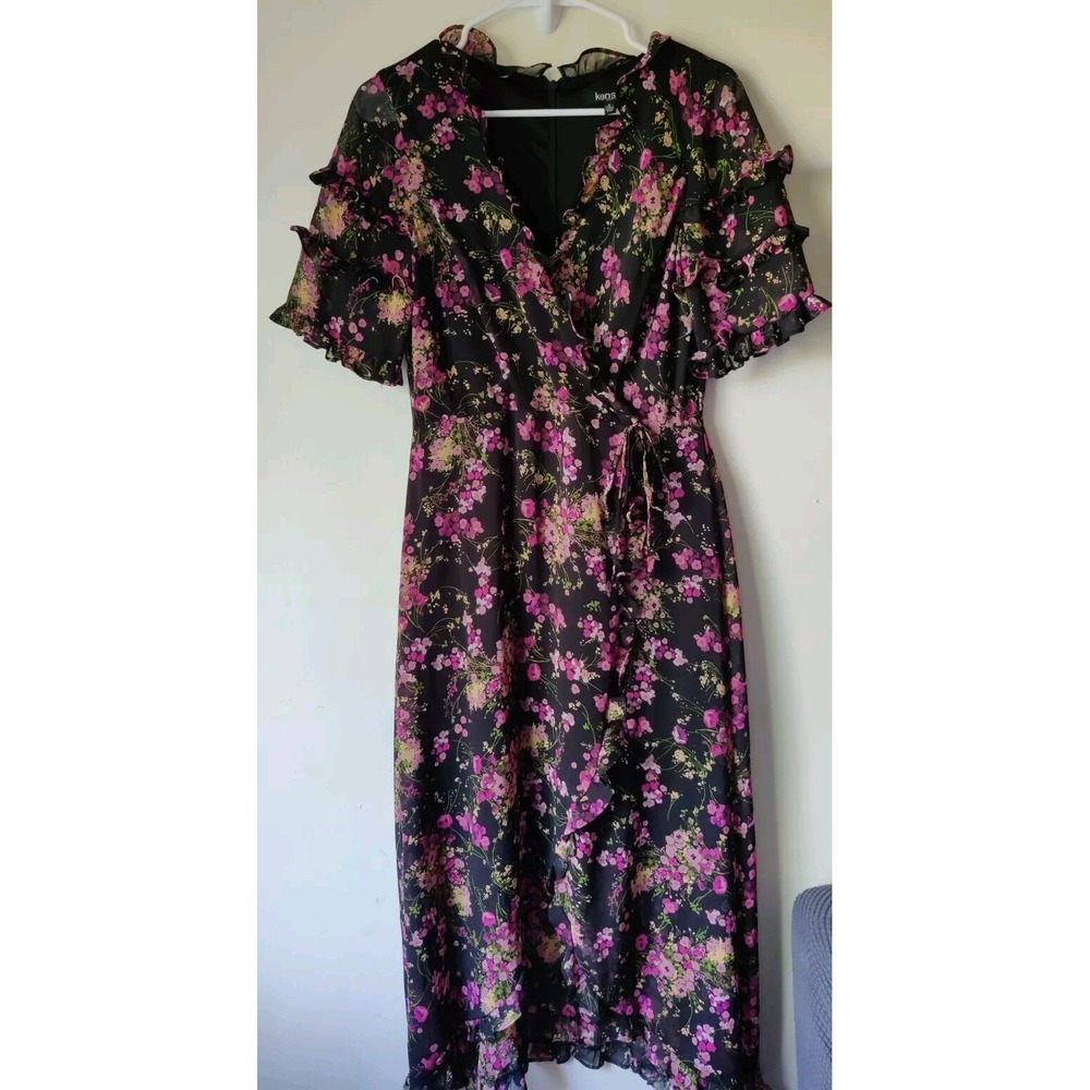 Kensie Floral Wrap Maxi Dress Black/Pink Size 4 Short Sleeve Ruffles